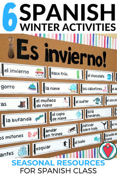 Winter vocabulary words in Spanish with images on a bulletin board titled Es invierno! Spanish Word Wall, Middle School Activities, Middle School Spanish