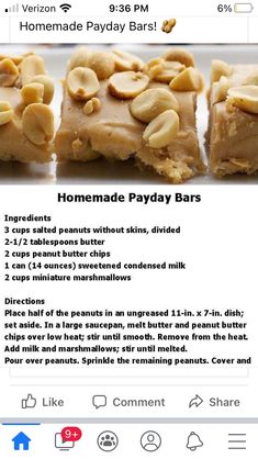 the recipe for homemade payday bars is displayed on an iphone screen, with text below it