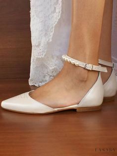 Lasaky - Elegant Ivory Pointed Toe Bridal Shoes with Delicate Pearl Detailing and Ankle Strap Cream Flats With Removable Insole And Low Heel, Beige Closed Toe Wedding Shoes, Beige Round Toe Flats For Wedding, Flat Bridal Shoes, Ivory Flats, Fall Toes, White Bridal Shoes, Ivory Bridal Shoes, White Block Heels