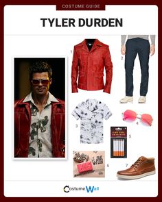 the costume guide for tyler durdern is shown in red and white, with sunglasses on