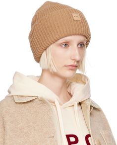 Rib knit wool- and cashmere-blend beanie in tan. Logo patch at rolled brim. Supplier color: Camel Beige Beanie Cap For Fall, Beige Fall Beanie Cap, Beige Beanie For Fall, Fall Beige Beanie Cap, Brown Wool Beanie For Fall, A P, Hats For Women, Patch Logo, Rib Knit