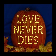 a pumpkin with the words love never dies on it