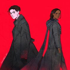 two people in black coats are standing next to each other on a red background, one is wearing a coat and the other has a scarf around his neck