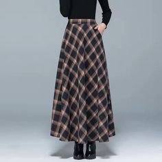 Wool Maxi Skirt, Winter Maxi, Style Transformation, Ankle Length Skirt, Wool Skirt, Wool Skirts, Flared Skirt, Plaid Skirts, Skirts With Pockets