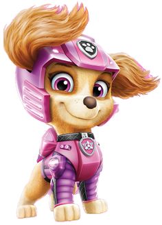 a cartoon dog wearing a pink helmet and purple pants with long hair on it's head