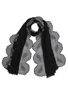 Woven from a very fine cashmere, this black scarf is lined with contrasting ivory pearl embroidery on tonal black organza panels with scallopped edging on the long sides and wispy eyelash finges on the short ends. A very unique style that can add the glam factor to any outfit - day or night - year-round. Soft, chic and cozily warm, a must-have for any discering woman. Elegant Winter Dupatta Scarf, Black Embroidered Silk Shawl, Black Embroidered Shawl For Wedding, Elegant Dupatta Scarf, Elegant Embroidered Wedding Scarf, Elegant Party Shawl With Dupatta, Elegant Shawl Scarf With Lace Trim, Elegant Embroidered Silk Scarves, Elegant Lace Trim Shawl Scarf