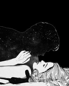 a woman laying on top of a bed under a star filled sky