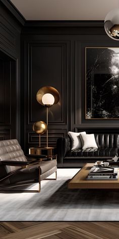 an elegant living room with black walls and leather sofas, coffee table and lamps