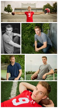 a collage of photos with men in sports uniforms and one man holding a football