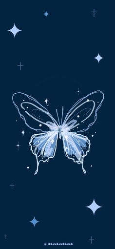 a white butterfly with stars in the background