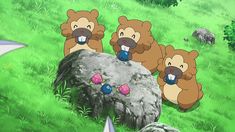 three cartoon bears sitting on top of a rock in the middle of a green field