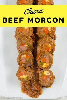 an image of beef morcone on a white plate with the title above it