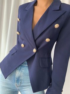 PENELOPE Double-Breasted Blazer in Blue Chic Blue Blazer For Party, Chic Blue Party Blazer, Chic Blue Business Blazer, Blue Double-breasted Blazer For Office, Blue Double-breasted Outerwear For Office, Chic Navy Double-breasted Blazer, Fitted Blue Double-breasted Blazer, Chic Blue Button-up Blazer, Chic Blue Blazer With Double Button Closure