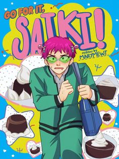 an anime character with pink hair and green glasses holding a blue bag in his hand