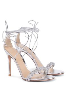 Silver Lace Up High Heels Gianvito Rossi Heels, Braided Leather Sandals, Silver High Heels, Elegant High Heels, Lace Up High Heels, Prom Heels, Gucci Sneakers, Silver Lace, Peep Toe Sandals