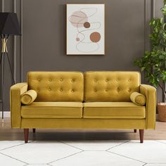 a living room with a yellow couch and potted plant on the floor next to it