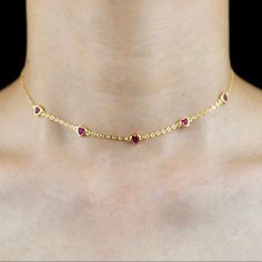 18k Gold Plated Sterling Silver Ruby Colored Diamond Cut Crystal Heart Station Collar Brand New With Tags ! This Necklace Is Also Available In Emerald Colored ! Details: Multi Bright Ruby Pink / Red Colored Hearts Delicate Gold Chain Durable And High Quality Flawless And Untouched Beautiful Gorgeous Choker Or Chain Necklace Perfect For Any Dress Up Or Even Casual Occasion! Wear This Lovely Piece With Basic Chains Or A Stunning Charm Necklace To Have Your Outfit Come To Life! Red Gem Gold Necklace, Pink Gold Heart Necklace For Valentine's Day, Ruby Choker, Delicate Gold Chain, Crystal Heart, Color Crystal, Gold Plated Sterling Silver, Diamond Cut, Pink Red