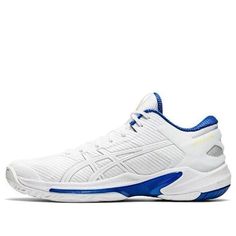 a white and blue tennis shoe on a white background with the word, asics