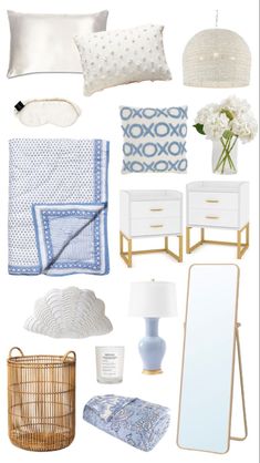 a collage of white and blue items including pillows, blankets, lamps, vases