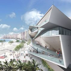 an artist's rendering of a building on the beach with people walking around it