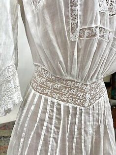 Antique Victorian Edwardian White Cotton Tea Dress Lace Floral Embroidery AS IS | eBay Traditional Fitted Dress For Daywear, Fitted Vintage Dress With Intricate Embroidery, Vintage Fitted Dress With Intricate Embroidery, Fitted Regency Style Embroidered Dress, Victorian Style Summer Dresses, Summer Fitted Yoke Dress, Fitted Summer Dress With Yoke Detail, Summer Fitted Dress With Yoke Detail, Fitted Yoke Dress For Spring