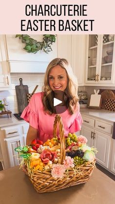 a woman standing in front of a basket filled with fruit