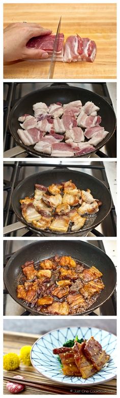 four different types of food being cooked in pans