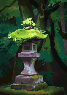 an artistic painting of a stone lantern in the woods