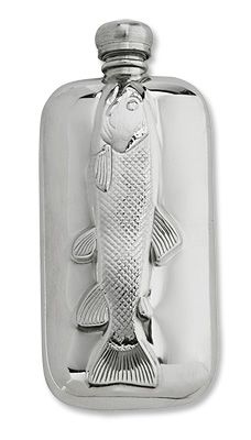 a silver flask with a fish on the front and bottom, it is empty