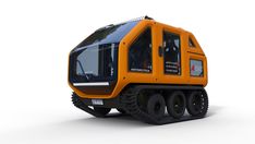 an orange and black vehicle with wheels on the front is seen in this image, it appears to have been designed for transportation