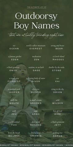 a baby sitting on top of a rock next to the words outdoorsy boy names