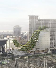 an aerial view of a city with tall buildings and trees growing on the side of it