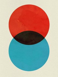 an abstract painting with red, blue and black circles