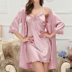 Satin Night Gown, Satin Nightgown, Silky Robe, Nightgown Sets, Satin Sleepwear, Silk Sleepwear, Satin Pyjama Set, Satin Pajamas, Lace Cami