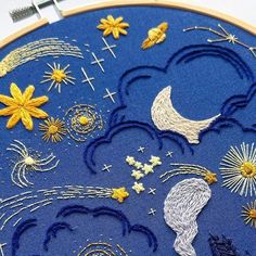 an embroidery project with stars, clouds and the moon