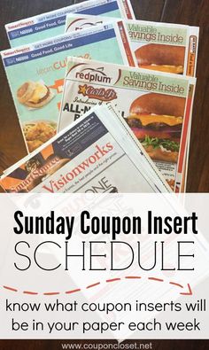 some coupons are stacked on top of each other with the text sunday coupon insert schedule