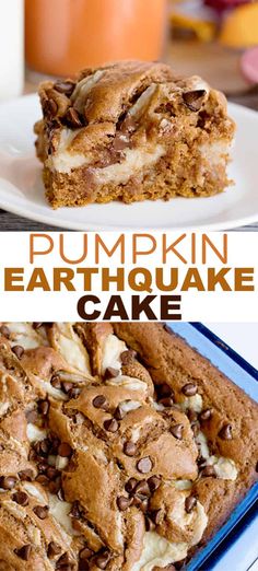 Pumpkin Earthquake Cake - This easy Pumpkin Earthquake Cake is perfect for fall! It's made with a moist, spice cake mix that's been doctored up with canned pumpkin, pumpkin spice and more. There's a cream cheese filling swirled into a  pumpkin spice cake and milk chocolate chips sprinkled on top. #falldesserts #pumpkinspice #pumpkinrecipe #pumpkincake #dessertfoodrecipes #cookiedoughandovenmitt Pumpkin Earthquake Cake Recipe, Pumpkin Earthquake Cake, Earthquake Cake Recipes, Moist Spice Cake, Pumpkin Spice Cream, Earthquake Cake, Pumpkin Treats, Spice Cake Recipes, Traditional Pumpkin