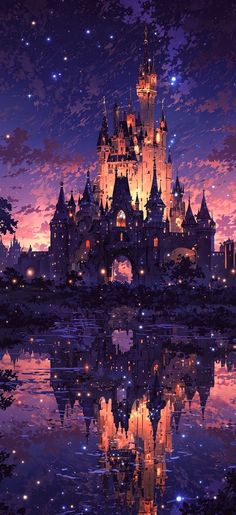 the castle is lit up at night with stars in the sky and reflecting in the water