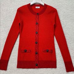 Brand New 100% Authentic Size 38 Chic Red Long Sleeve Cardigan, Elegant Red Winter Cardigan, Elegant Red Cardigan For Fall, Classic Red Fitted Cardigan, Chic Red Cardigan For Fall, Classic Fitted Red Cardigan, Elegant Red Spring Cardigan, Luxury Long Sleeve Sweater Coat, Elegant Red Sweater For Spring