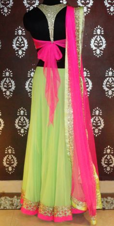 Indian#Bollywood fashion # Ghagra Choli # green # pink #Vitamin by Sonalika # Sonalika Pradhan Neon Dress Outfit Party, Neon Dress Outfit, Pink Indian Outfit, Neon Dress, Sari Blouse Designs, Indian Look, Choli Designs, Outfit Party