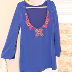 Judith March Nwt Royal Blue Long Bell Sleeves Back Dips Down To A Low Cut V With Beautiful Pink And Orange Embroidery. Bohemian Long Sleeve Royal Blue Dress, Bohemian Royal Blue Long Sleeve Dress, Royal Blue Long Sleeve Bohemian Dress, Blue Floral Embroidered Mini Dress For Vacation, Blue Floral Embroidery Mini Dress For Vacation, Blue Mini Dress With Floral Embroidery, Blue Long Sleeve Dress With Embroidered Neckline, Long Sleeve Blue Dress With Embroidered Neckline, Royal Blue Long Sleeve Mini Dress For Spring