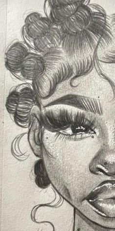 a pencil drawing of a woman's face with curly hair and eyeliners