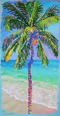 a painting of a palm tree on the beach