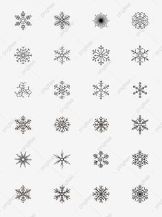 six snowflakes are shown in black and white