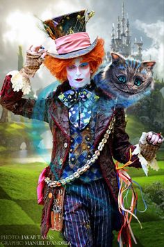 a woman with red hair wearing a top hat and holding a cat in her hand