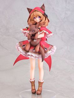 a figurine is holding a teddy bear wearing a red dress and brown boots