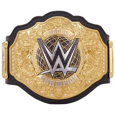 a gold and black wrestling belt with the wwe logo on it