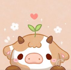 a cartoon cow with a plant on its head