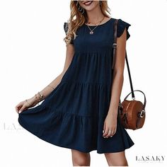 Lasaky - Solid Color Round Neck Short Sleeve Casual Dress with Pleated Ruffle Hem Womens Flowy Dresses, Pleated Flare Skirt, Round Neck Casual Dress, Dress With Pleats, Prom Dress Ideas, Summer Sundress, Dress Cake, Crewneck Dress, Vestido Casual