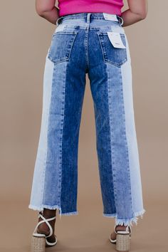 Introducing the Hayden High Rise Crop Wide Leg jeans by Exhilarate VERVET, a perfect blend of modern style and vintage flair for the fashion-forward woman. The cropped wide-leg design offers a contemporary twist on classic denim, embracing the trending denim styles of 2024 with effortless sophistication.Elevate your spring wardrobe with the Hayden High Rise Crop Wide Leg jeans. High Rise Crop denim Wide leg jeans Functional pockets Button + Zip closure Frayed bottoms Multi-colored denim (Light, Denim Pants Upcycle, Denim Trends 2024, Crop Wide Leg Jeans, Denim Patchwork Jeans, Ropa Upcycling, Denim Wide Leg, Denim Art, Cropped Wide Leg Jeans, Patchwork Jeans